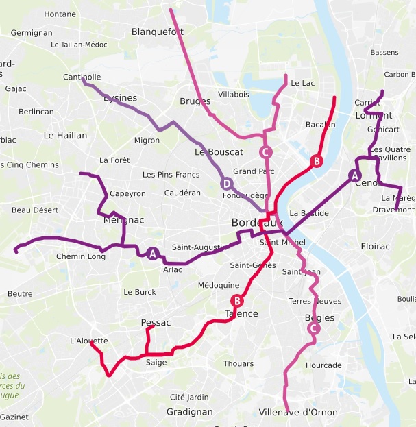 Les 4 lignes de Tramway de Bordeaux avant décembre 2025